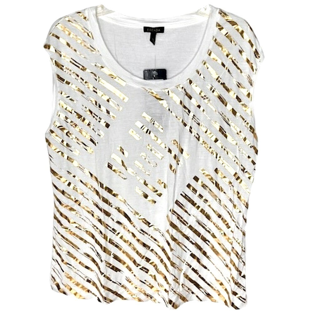 ESCADA Fine Knit Sleeveless White T-Shirt w/Diagonal Gold Foil Stripes - XL